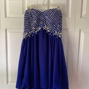 Royal blue strapless homecoming dress with rhinestones